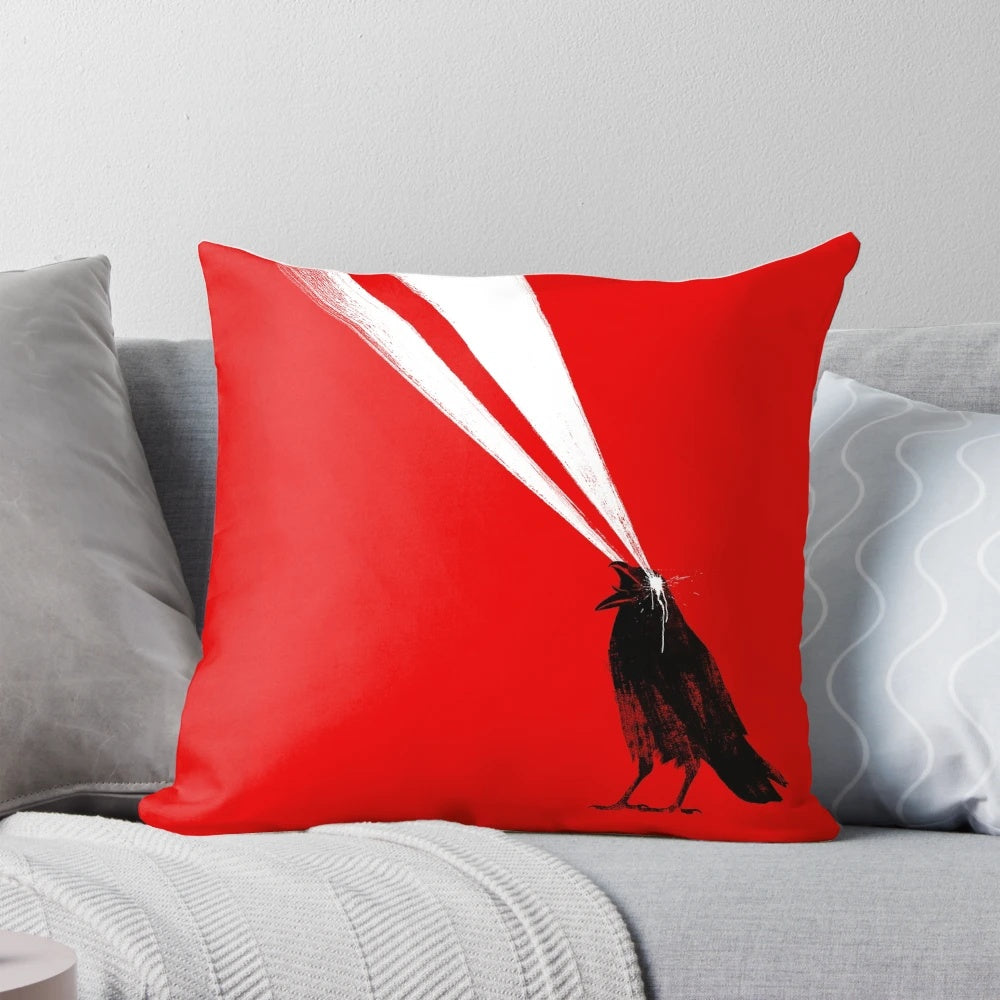 Laser-printed crow design on a plush, high-quality pillow for a spooky, retro-inspired look.