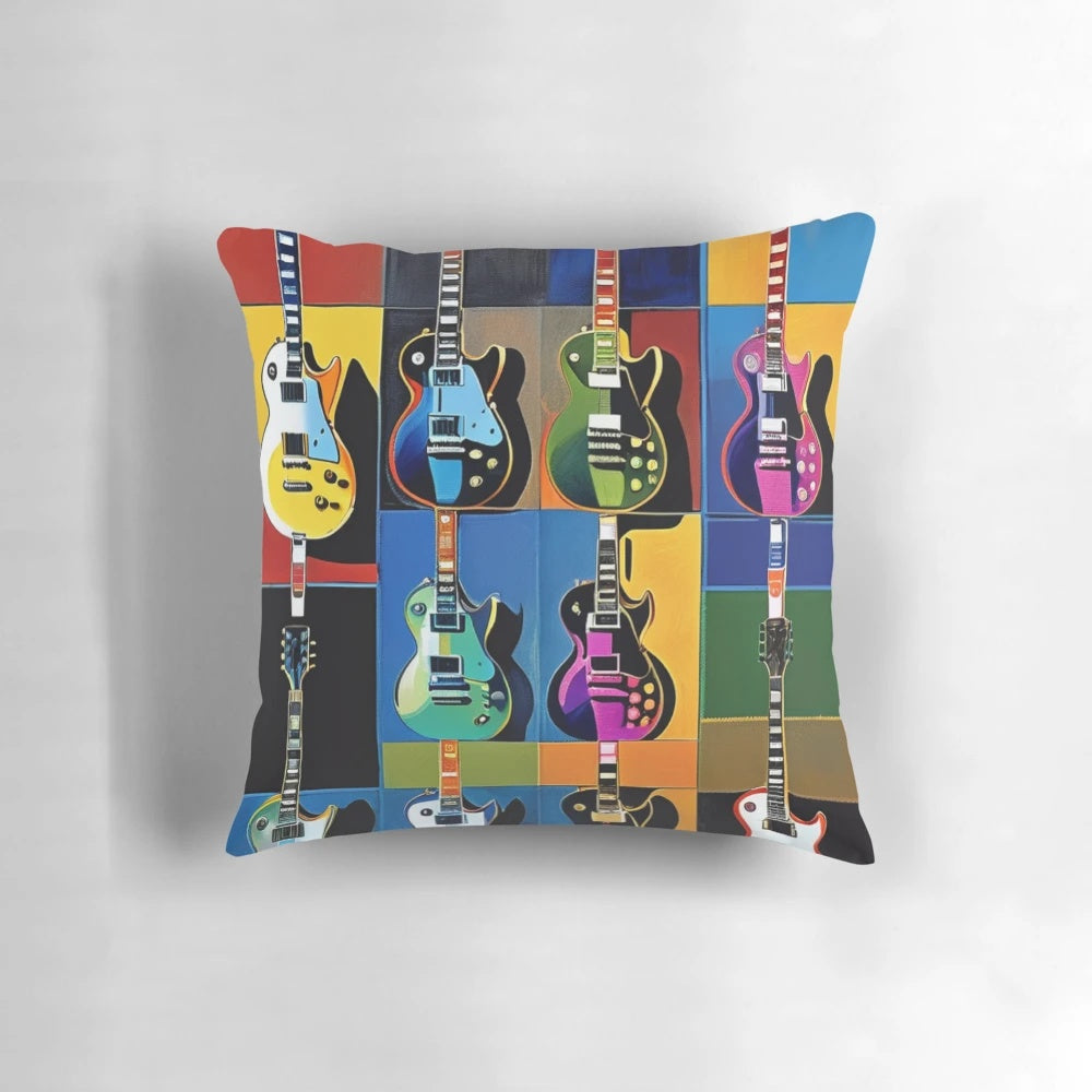 Les Paul guitar-inspired tile pillow with an Andy Warhol-style design