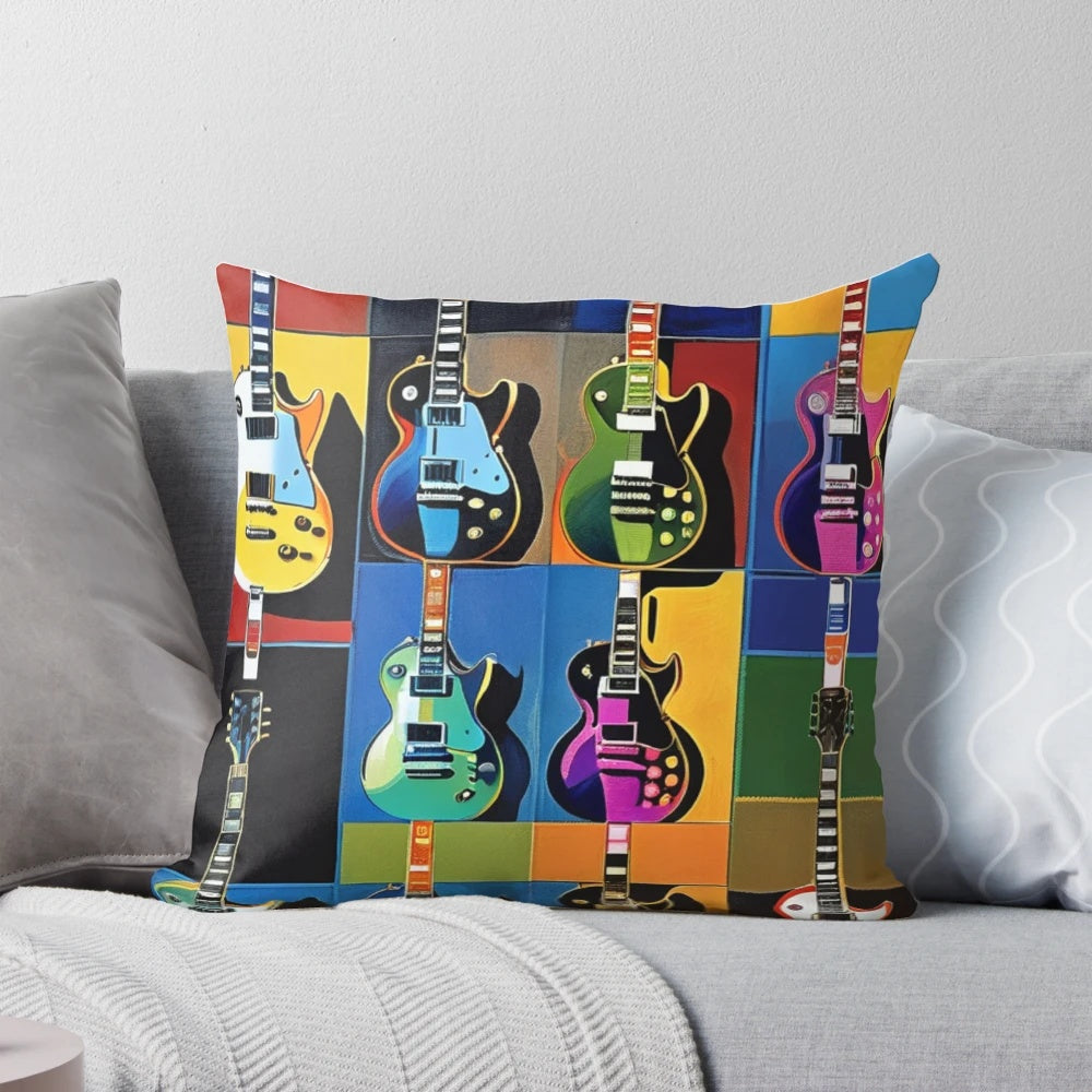 Les Paul guitar-inspired tile pillow with an Andy Warhol-style design