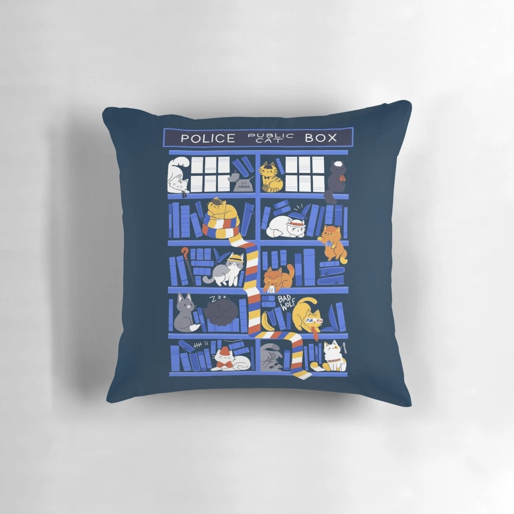 A cozy, customized pillow featuring a playful cat in a library-inspired design