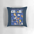 A cozy, customized pillow featuring a playful cat in a library-inspired design