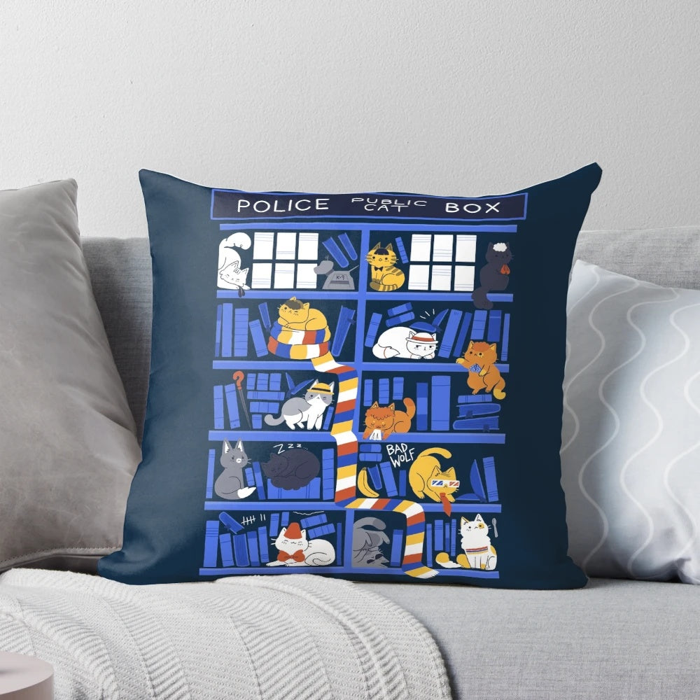 A cozy, customized pillow featuring a playful cat in a library-inspired design