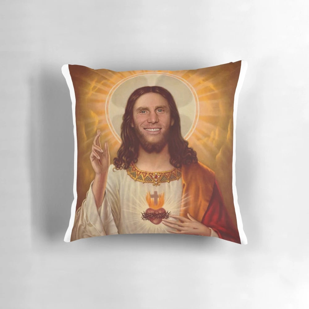 Personalized Pillow featuring a graphic design of Liverpool player James Milner with a religious, sacred heart theme.