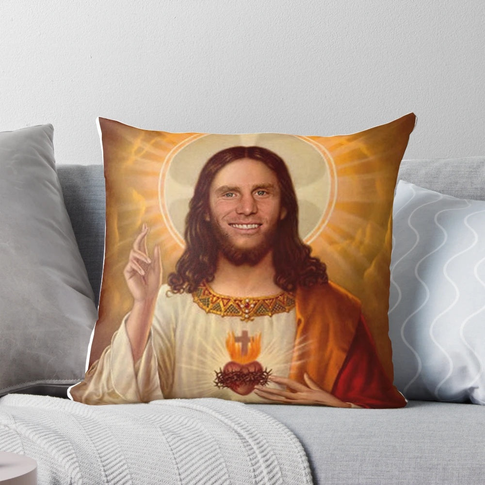 Personalized Pillow featuring a graphic design of Liverpool player James Milner with a religious, sacred heart theme.