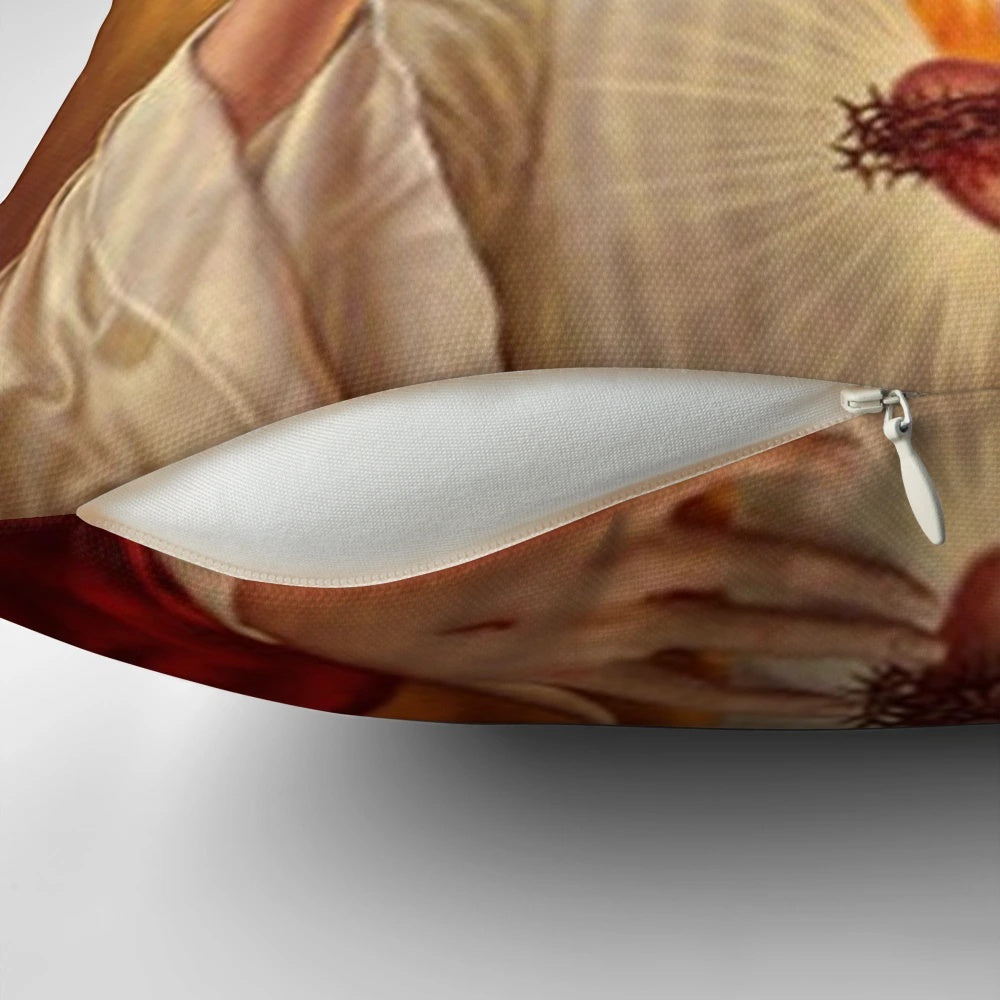 Personalized Pillow featuring a graphic design of Liverpool player James Milner with a religious, sacred heart theme.