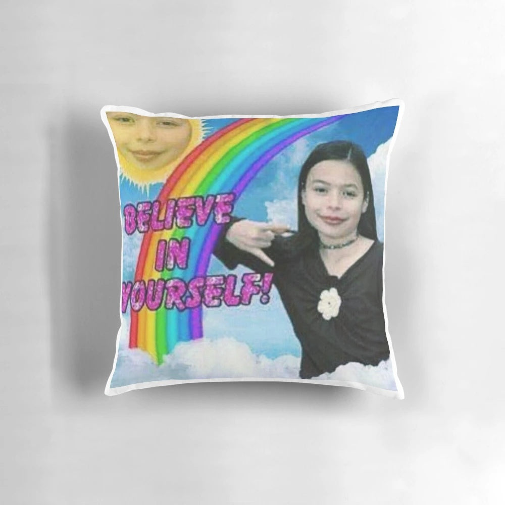Artistic Miranda Cosgrove-themed pillow with playful, meme-inspired design