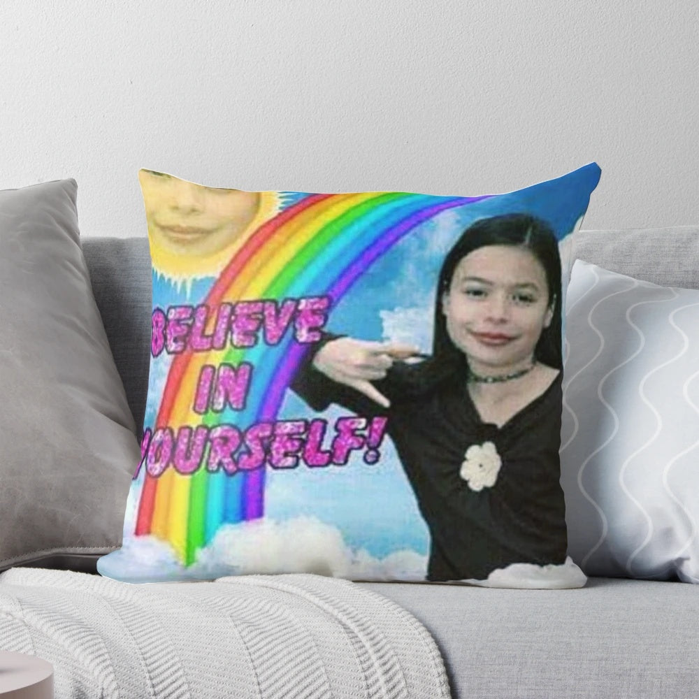 Artistic Miranda Cosgrove-themed pillow with playful, meme-inspired design