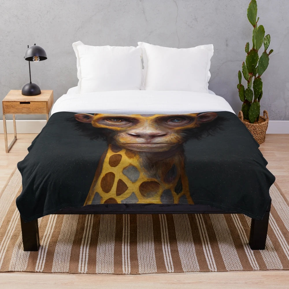 Whimsical plush blanket featuring a curious hybrid creature with a monkey body and giraffe neck
