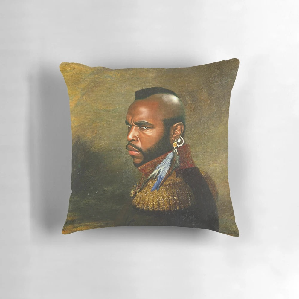 Customizable Mr. T portrait pillow with a "replaceface" design