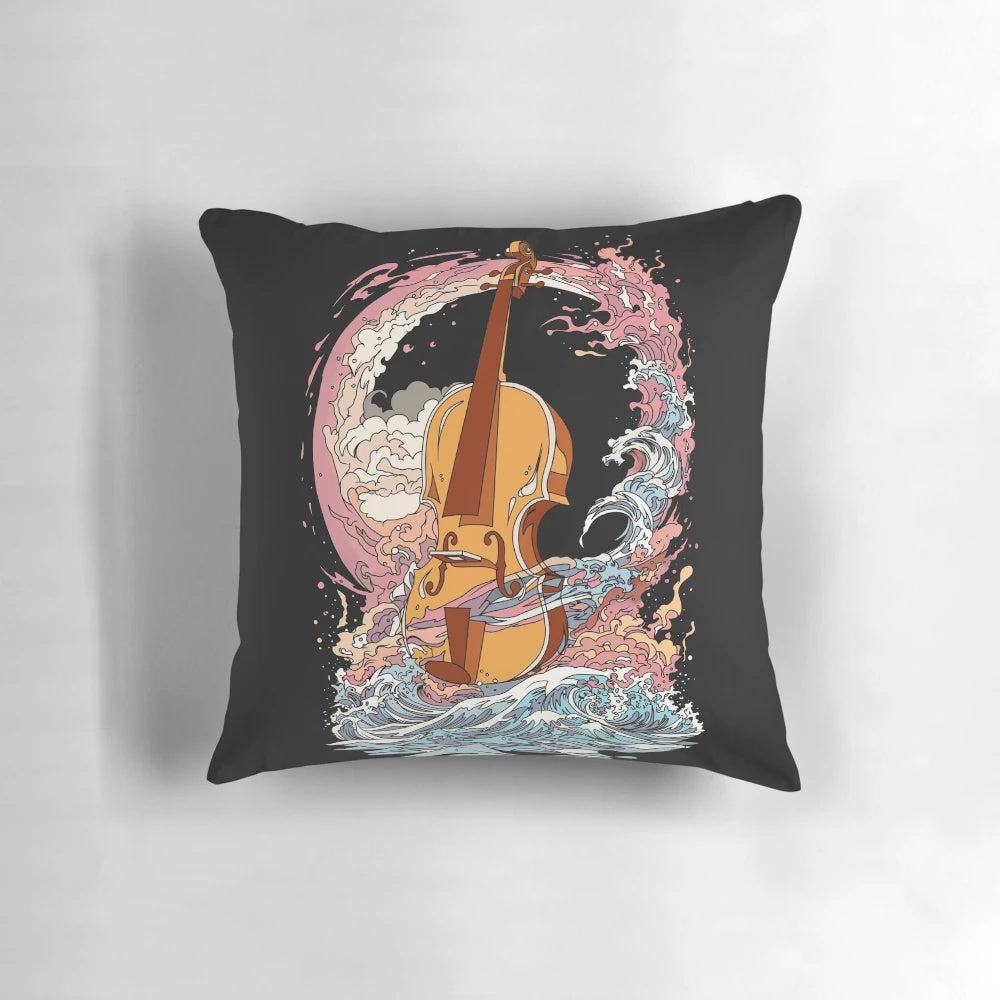 Artistic and vibrant pillow design featuring a big bad double bass and cello, perfect for music enthusiasts