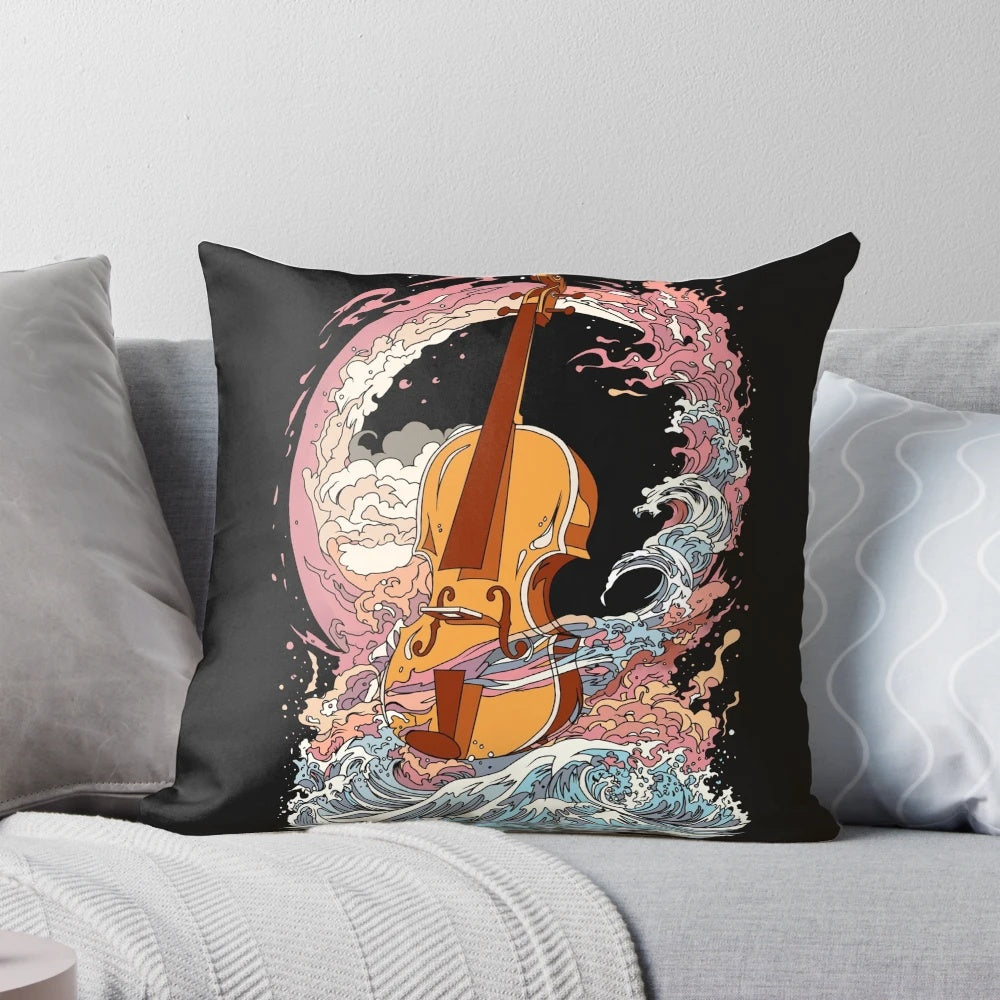 Artistic and vibrant pillow design featuring a big bad double bass and cello, perfect for music enthusiasts