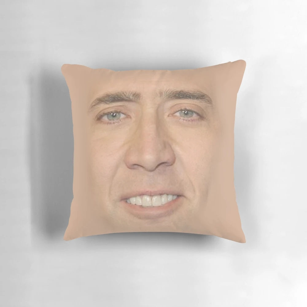 Decorative pillow featuring a fun and quirky Nicholas Cage face pattern design