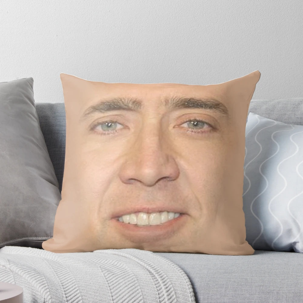 Decorative pillow featuring a fun and quirky Nicholas Cage face pattern design