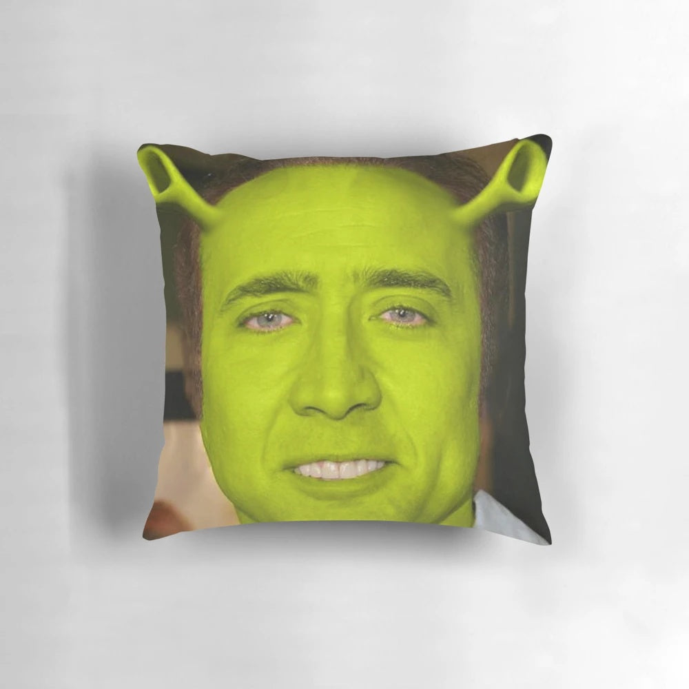 Pillow featuring the faces of Nicholas Cage and Shrek, a humorous pop culture meme design