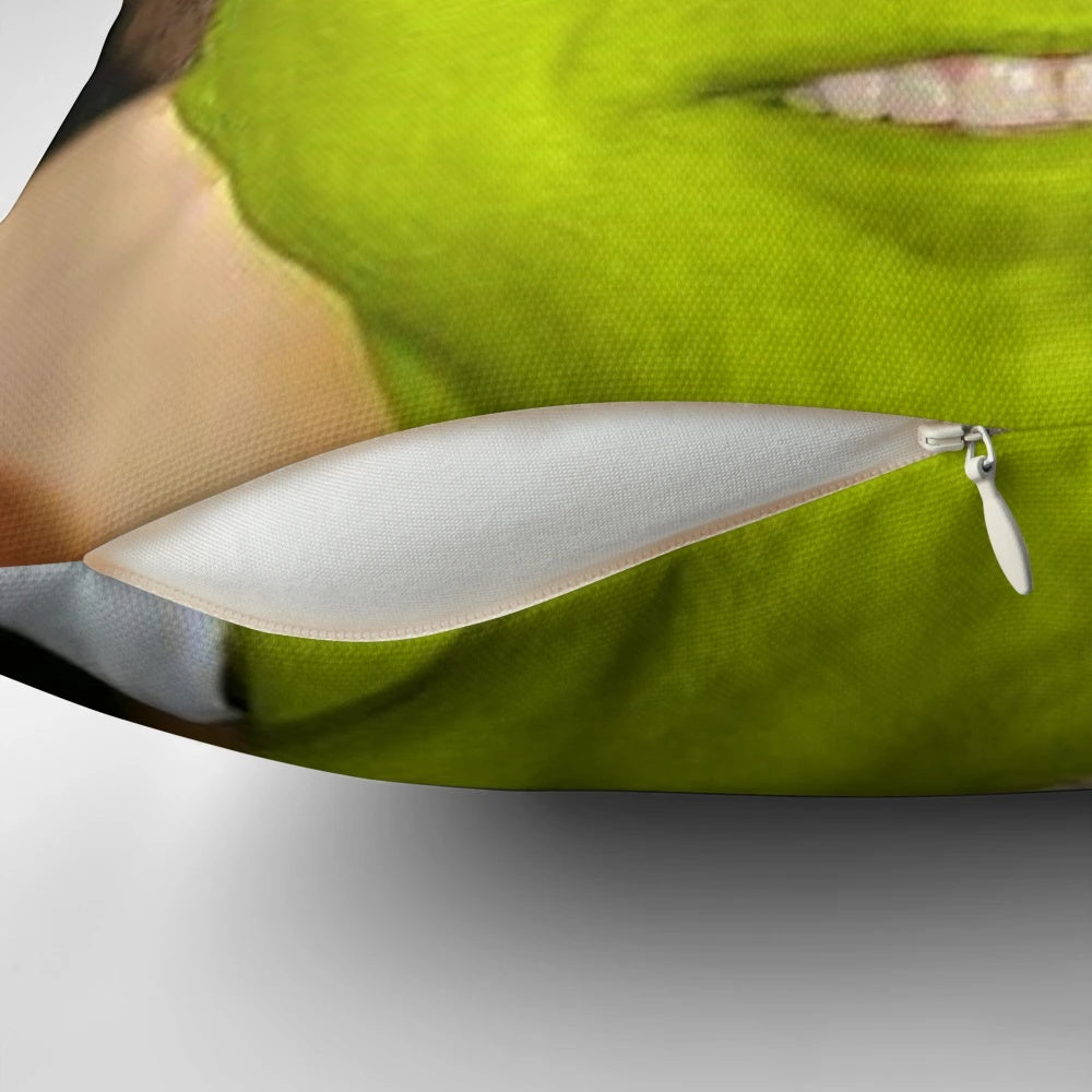 Pillow featuring the faces of Nicholas Cage and Shrek, a humorous pop culture meme design