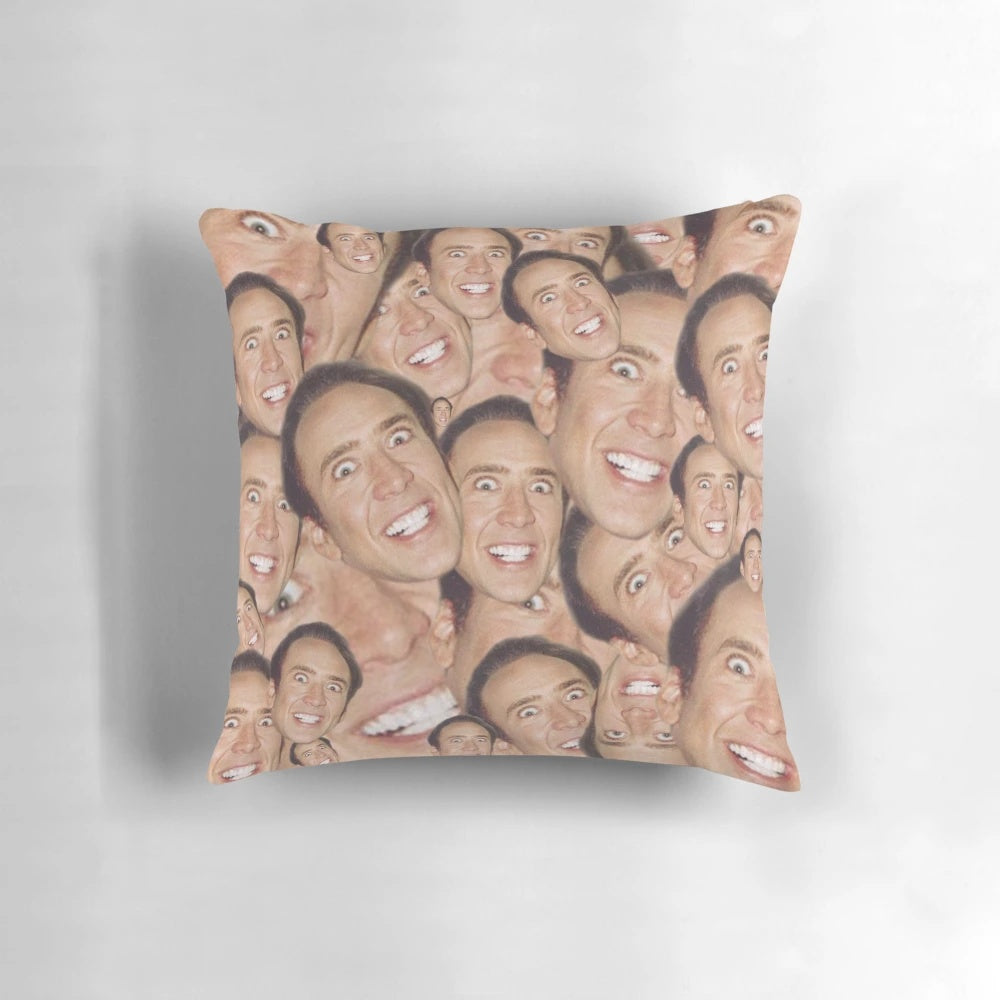 A custom-designed pillow featuring a surreal collage of actor Nicolas Cage's face.