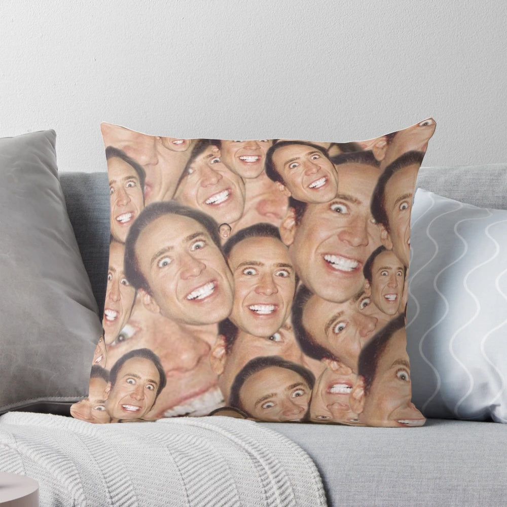 A custom-designed pillow featuring a surreal collage of actor Nicolas Cage's face.