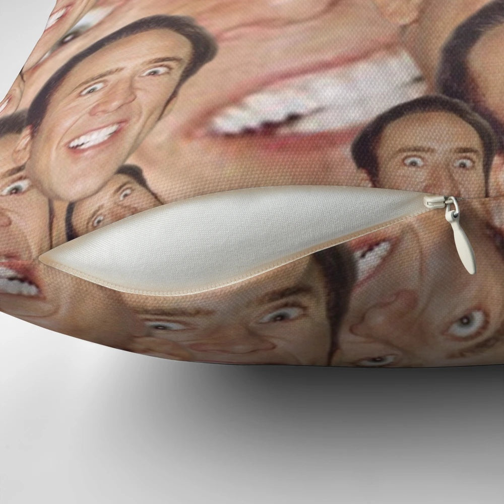 A custom-designed pillow featuring a surreal collage of actor Nicolas Cage's face.