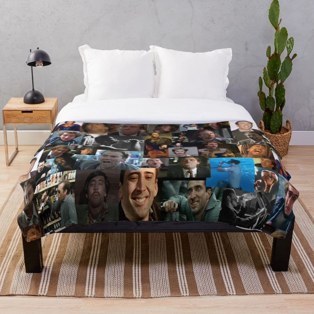 Nicolas Cage inspired plush blanket with unique Nic Cage pattern design