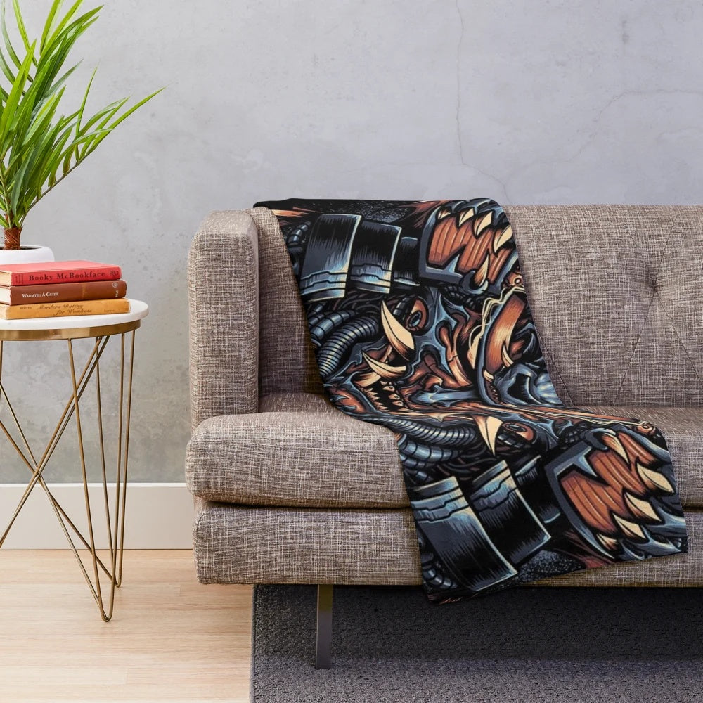 Oni mask inspired plush blanket featuring Japanese culture art