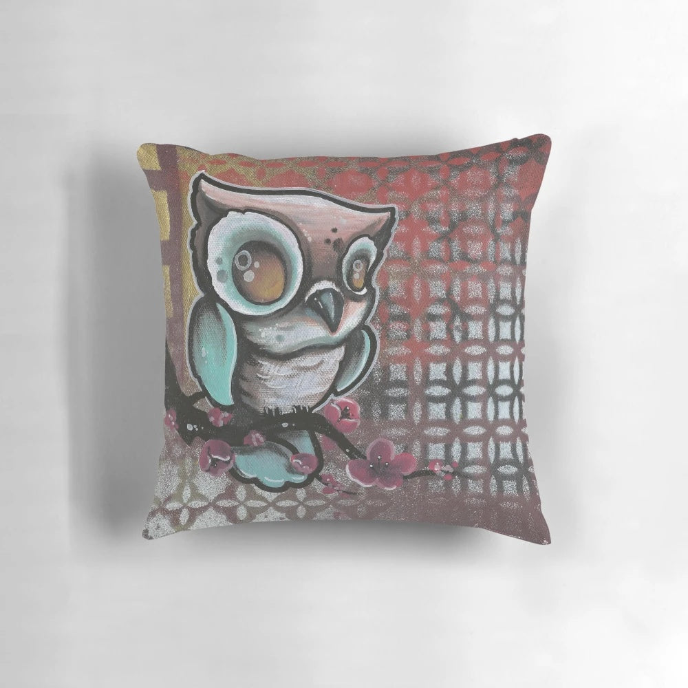 Vibrant, custom-designed pillow featuring an original owl and cherry blossom tattoo art illustration.