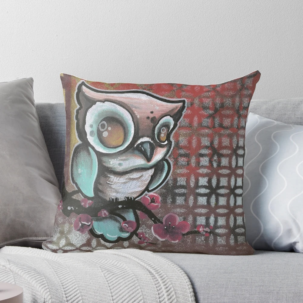 Vibrant, custom-designed pillow featuring an original owl and cherry blossom tattoo art illustration.