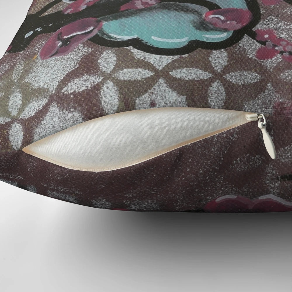 Vibrant, custom-designed pillow featuring an original owl and cherry blossom tattoo art illustration.