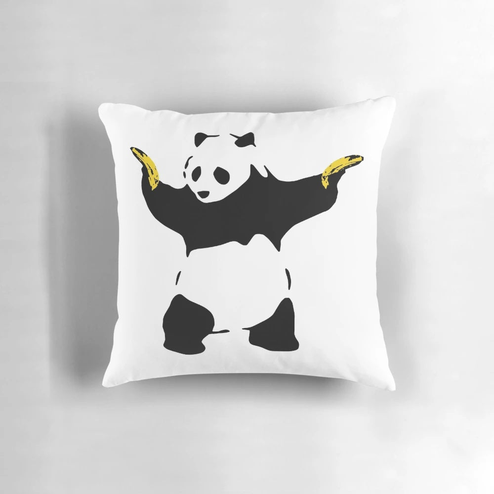 Decorative panda stencil pillow with a banana gun design