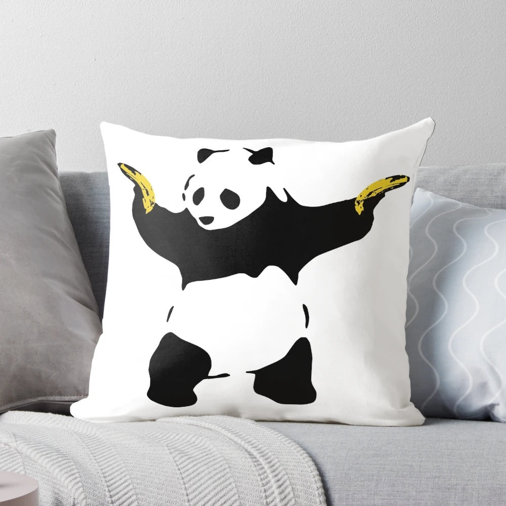 Decorative panda stencil pillow with a banana gun design