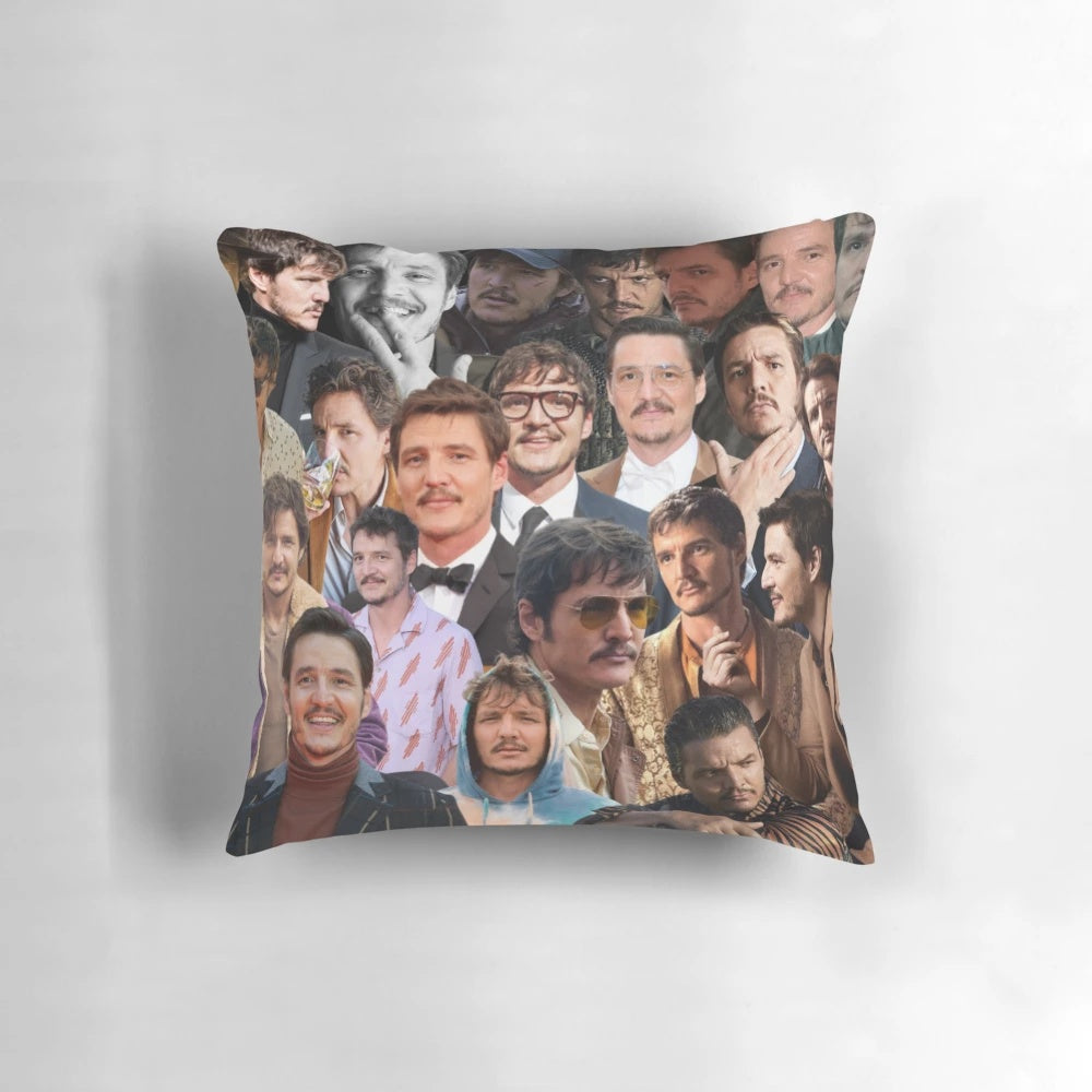Stylish Pedro Pascal photo collage printed on a plush pillow