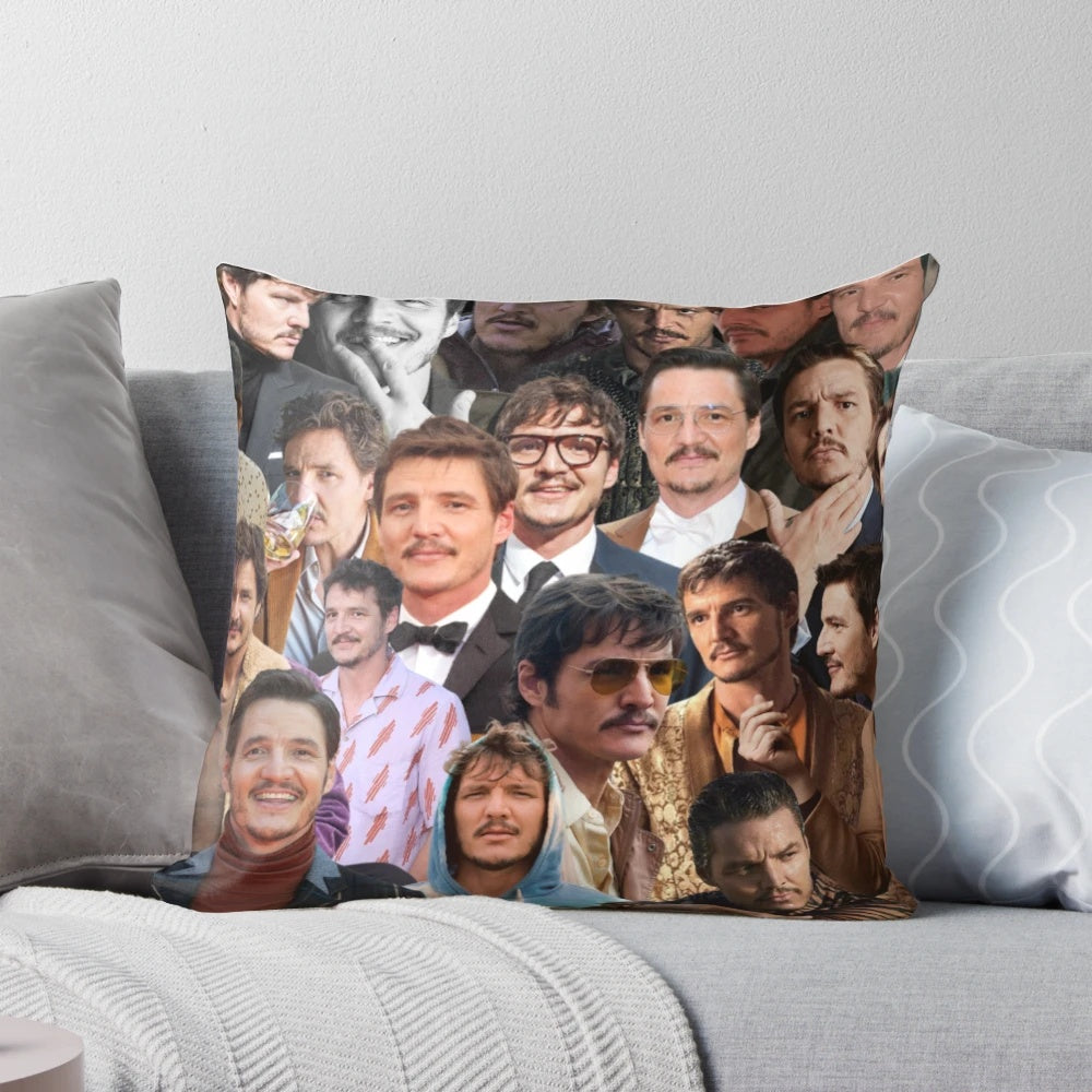 Stylish Pedro Pascal photo collage printed on a plush pillow