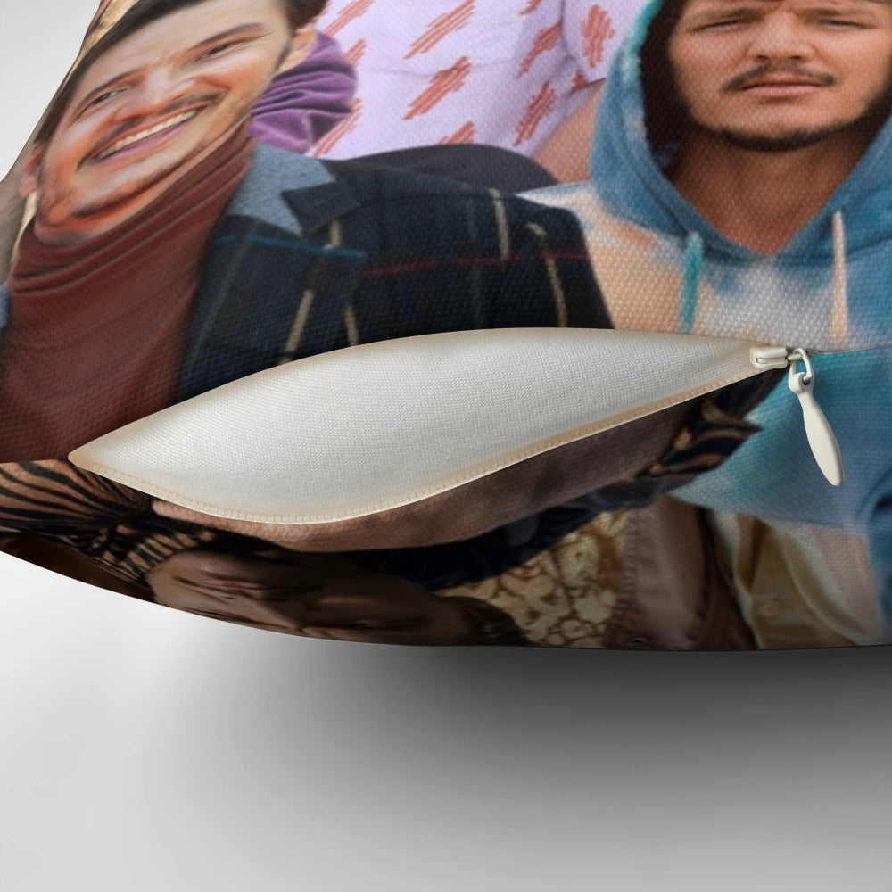 Stylish Pedro Pascal photo collage printed on a plush pillow