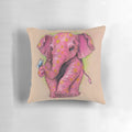 Vibrant pink elephant pillow with golden spots, hand-drawn original design by artist Justteejay