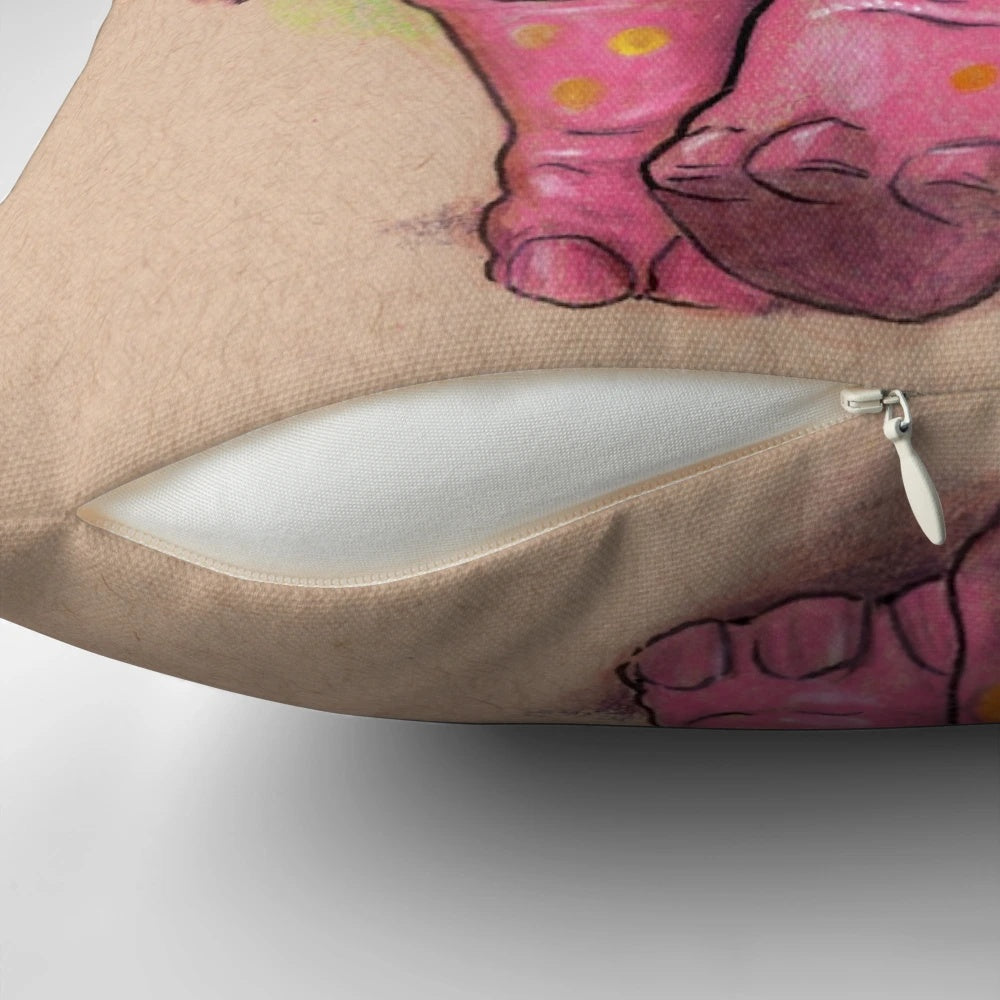 Vibrant pink elephant pillow with golden spots, hand-drawn original design by artist Justteejay