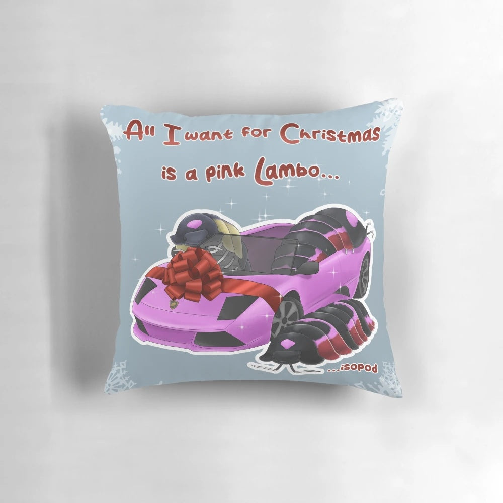 A pink, sports car-shaped pillow with a Christmas theme, featuring the text "A pink lambo for Christmas