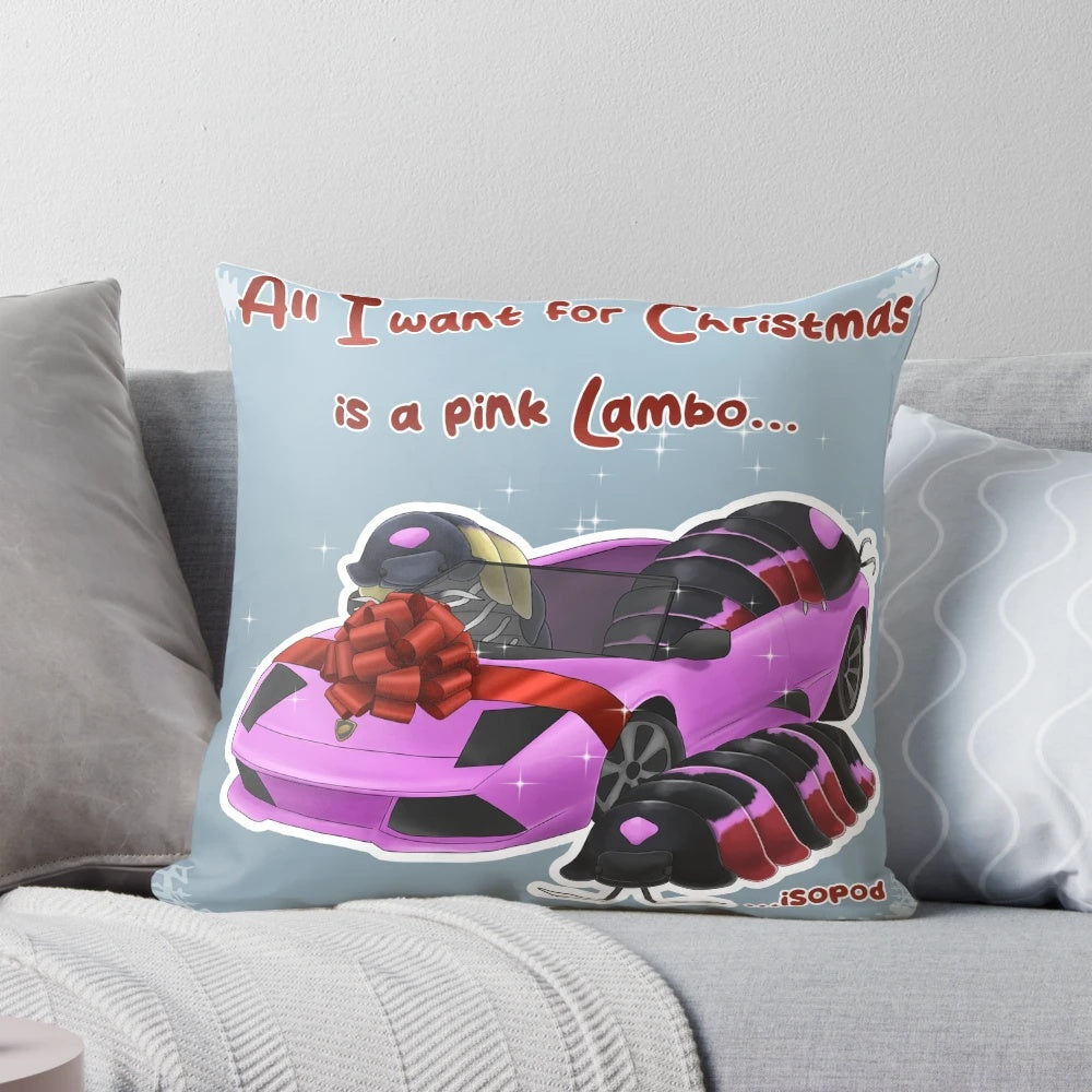 A pink, sports car-shaped pillow with a Christmas theme, featuring the text "A pink lambo for Christmas