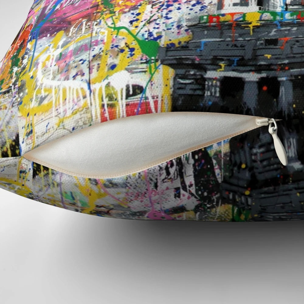 Vibrant pop culture-inspired pillow featuring a Banksy-style mashup of the Statue of Liberty holding a paintbrush.