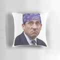 A full-color printed pillow featuring the character Prison Mike from the TV show The Office