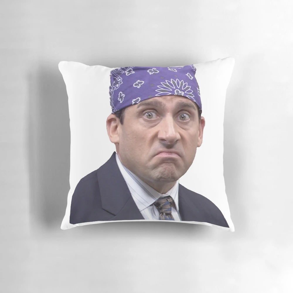 A full-color printed pillow featuring the character Prison Mike from the TV show The Office