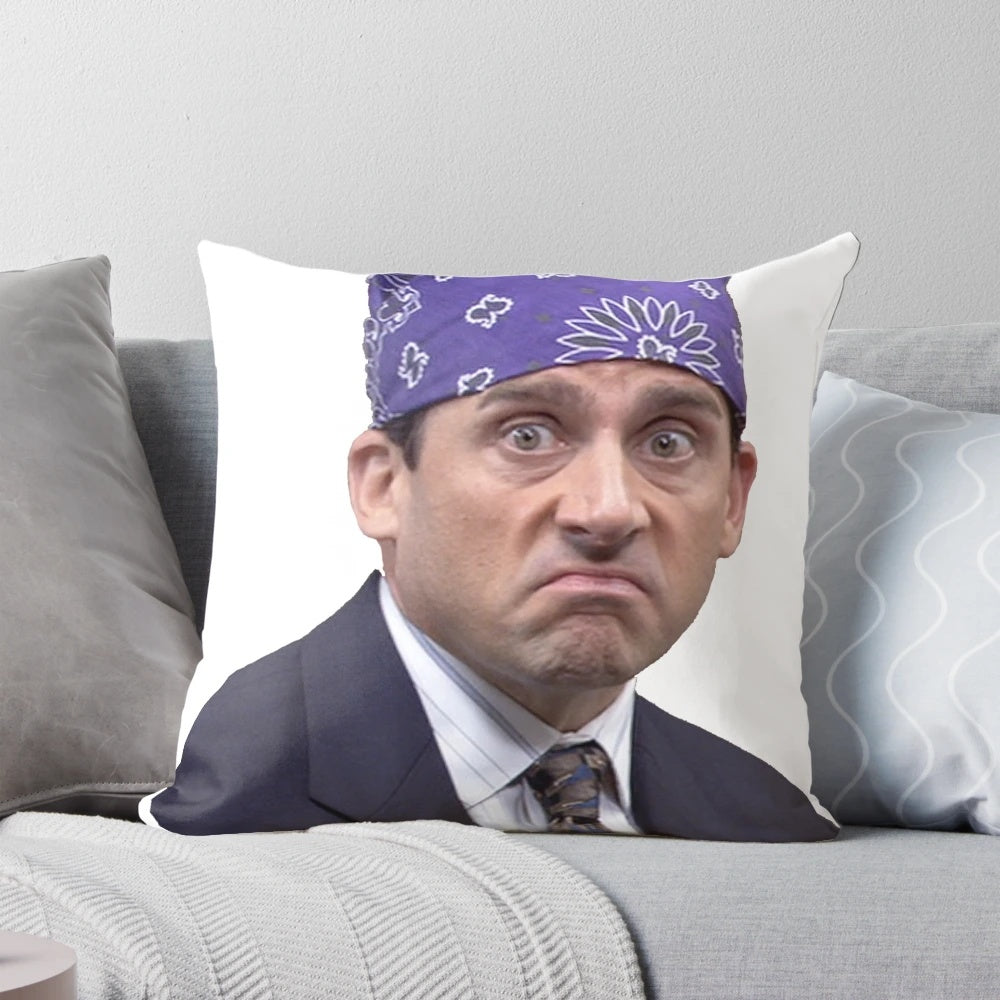 A full-color printed pillow featuring the character Prison Mike from the TV show The Office