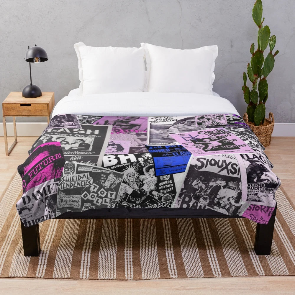 Punk rock-inspired plush blanket with a collage of vintage punk flyers and band imagery