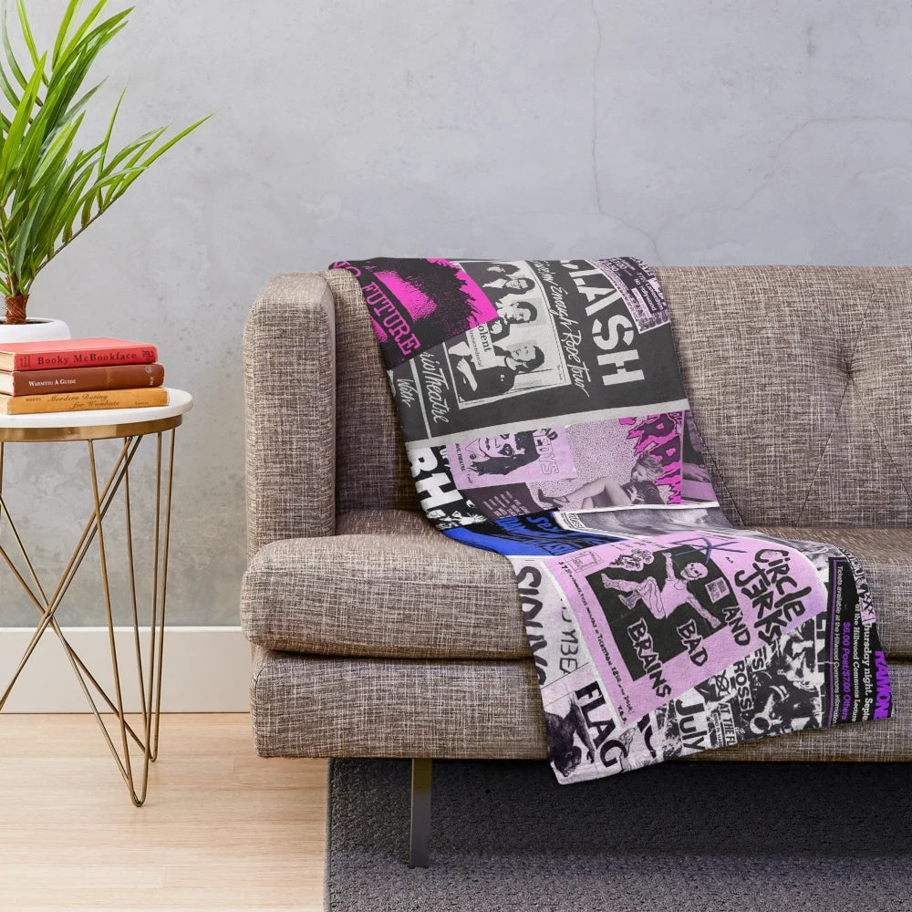 Punk rock-inspired plush blanket with a collage of vintage punk flyers and band imagery