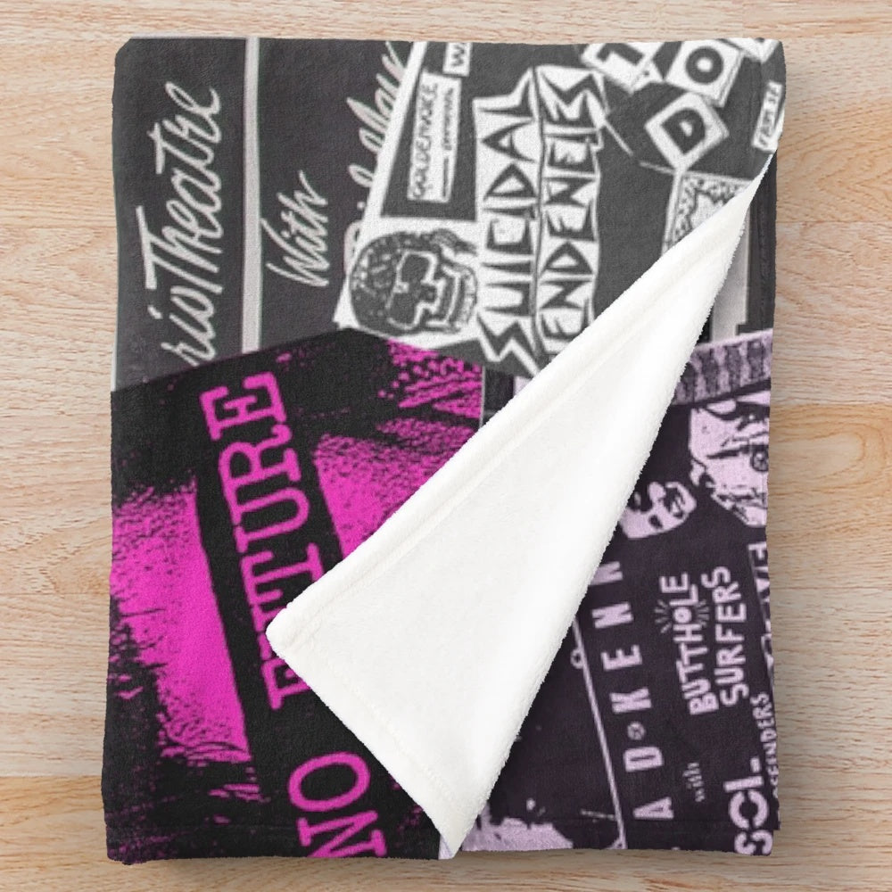 Punk rock-inspired plush blanket with a collage of vintage punk flyers and band imagery