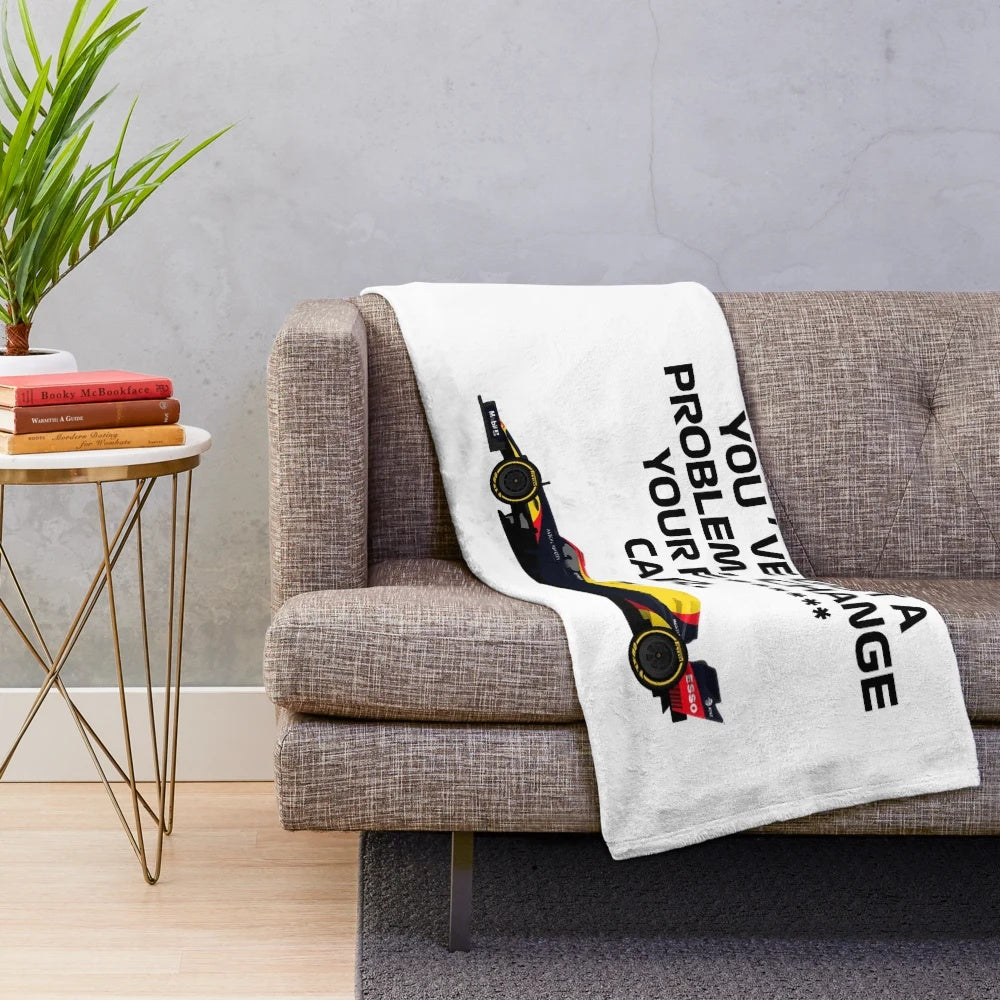 Plush blanket with racing and motorsports theme for Formula One fans