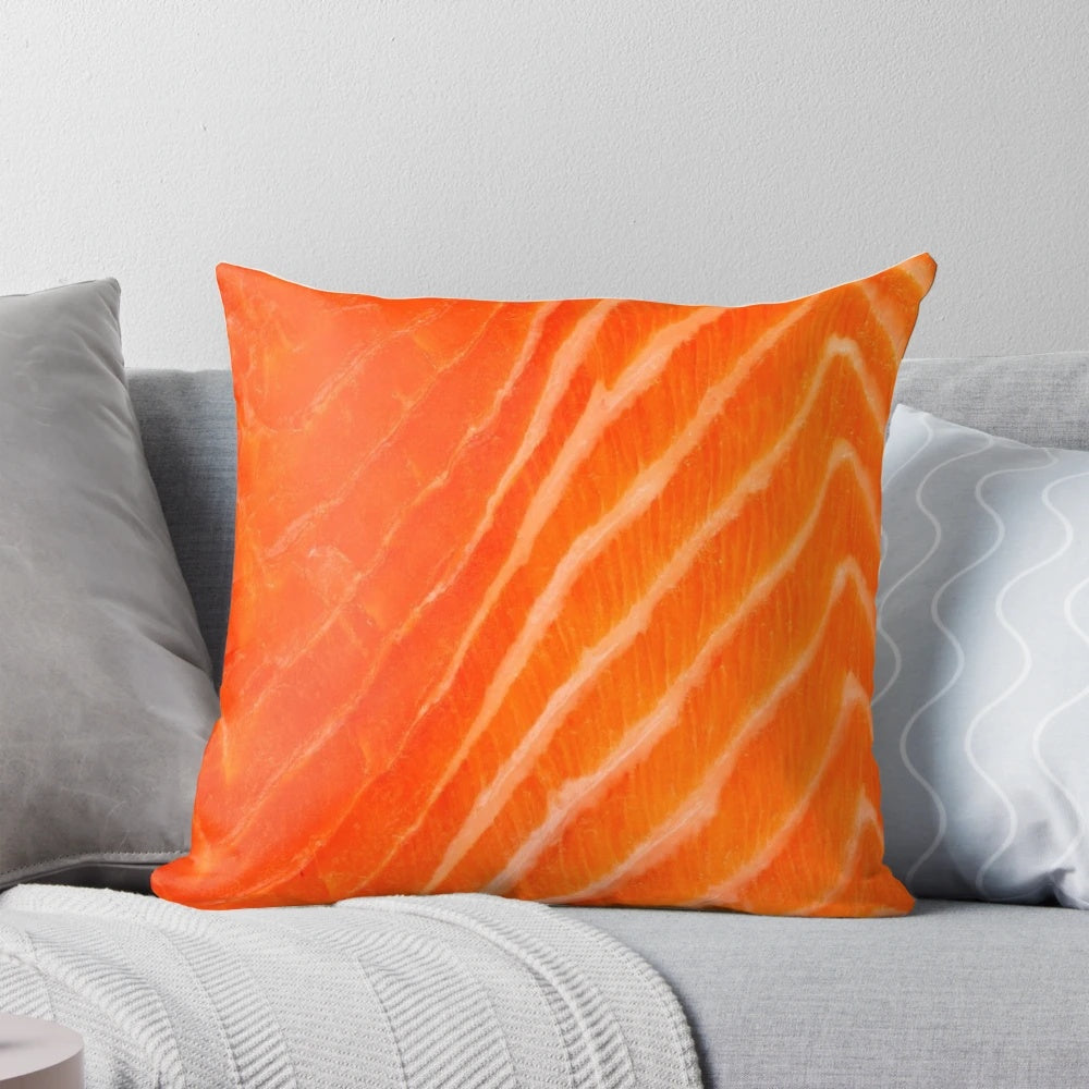 Close-up image of a raw salmon on a soft, plush pillow