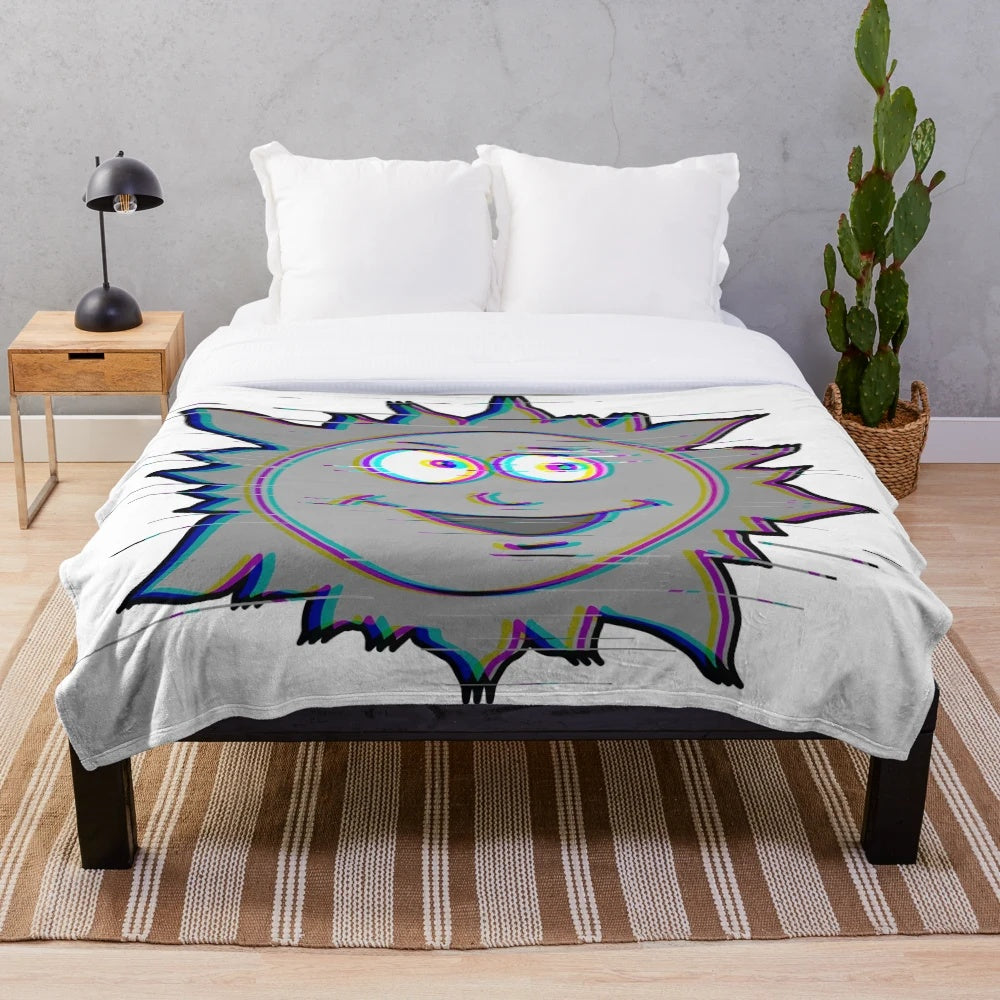 Vibrant plush blanket featuring a retro cartoon sun glitch design
