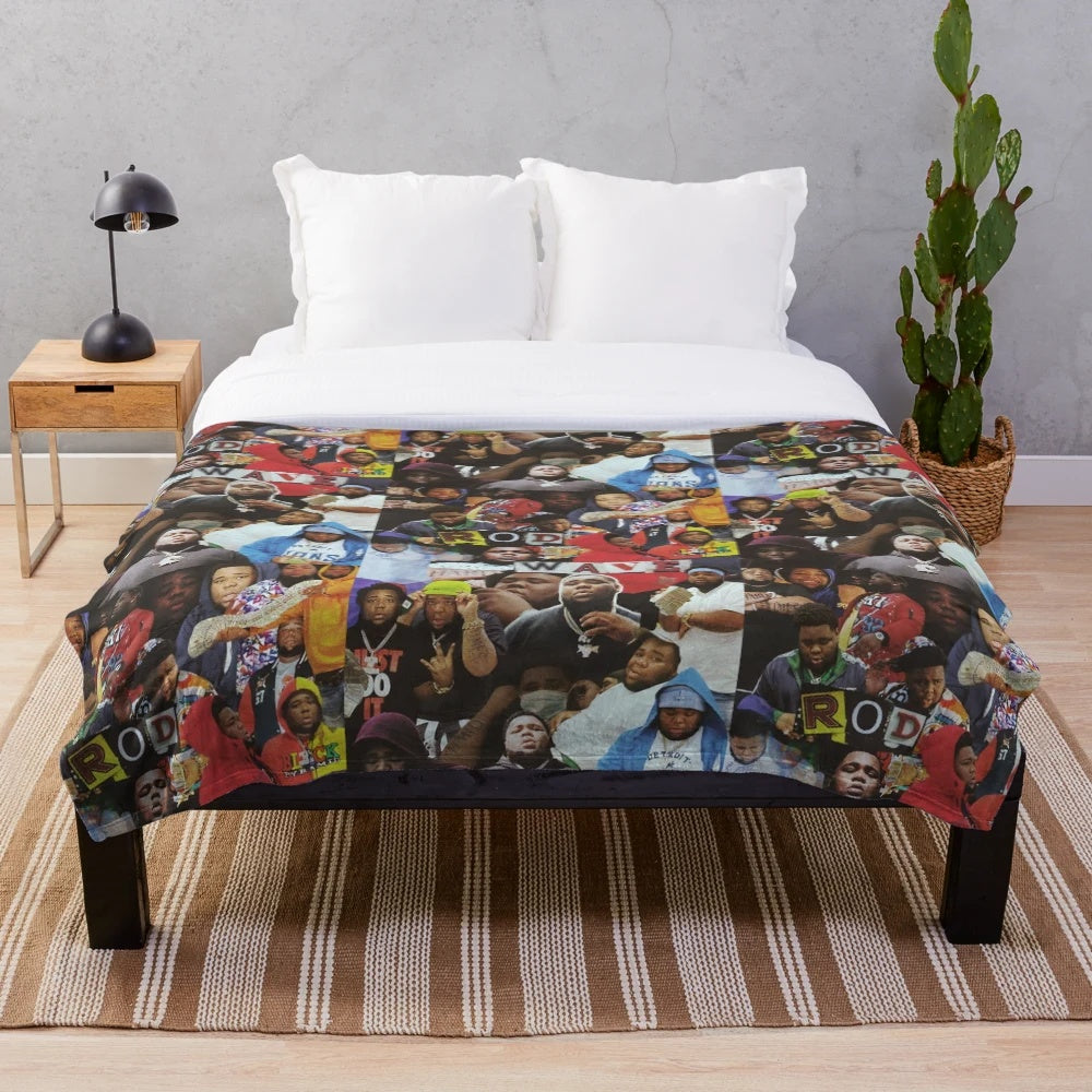 Rod Wave inspired plush blanket with a collage design
