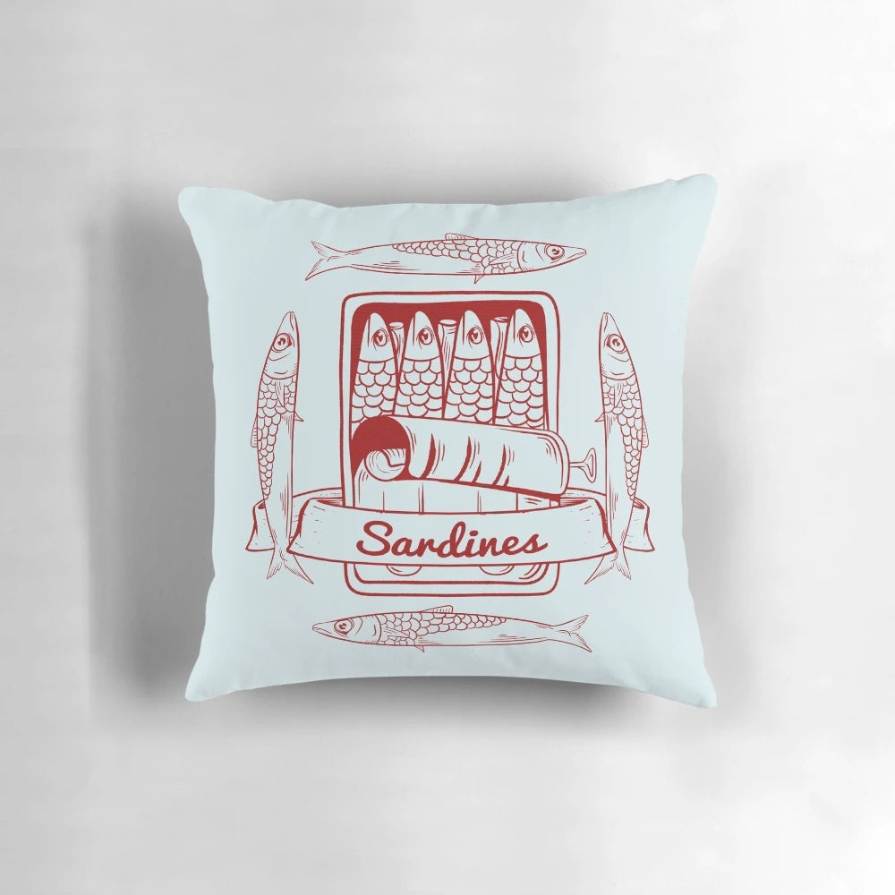 A decorative pillow designed to look like a tin of sardines, perfect for pescatarians and seafood enthusiasts.