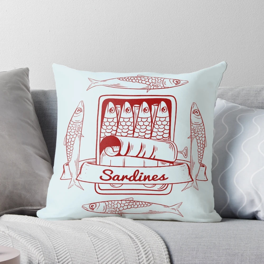 A decorative pillow designed to look like a tin of sardines, perfect for pescatarians and seafood enthusiasts.