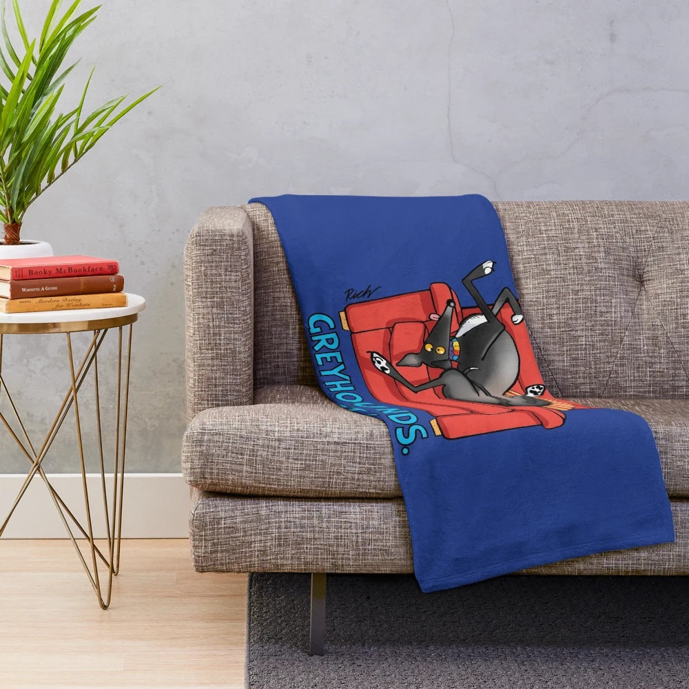 Greyhound, whippet, and lurcher sighthound breeds featured on a plush blanket